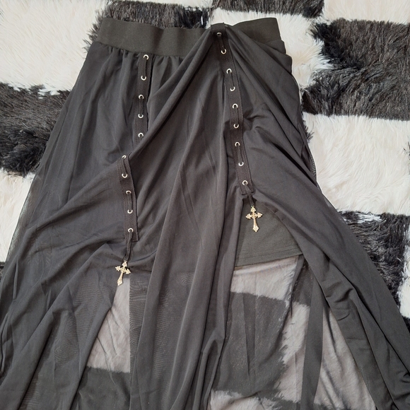 Lace-Up Maxi Skirt Black Sheer with Metal Crosses - Goth Grunge Alt XS/S - Picture 4 of 7